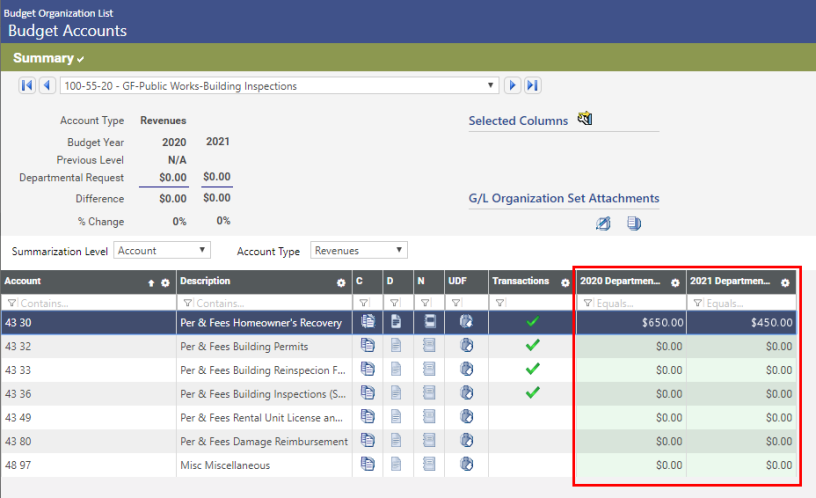 To access the Budget Accounts page: Annual Budget Processing > Budget Processing > Budget Maintenance > Select an organization > Highlight a row > Click Transactions 
